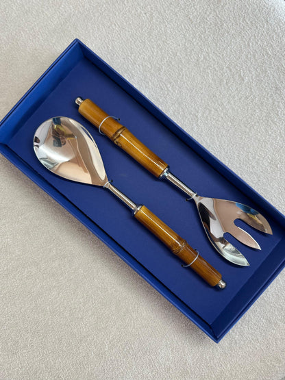 Conjunto 2 Peças para Salada de Aço Inox com Cabo de Bambu