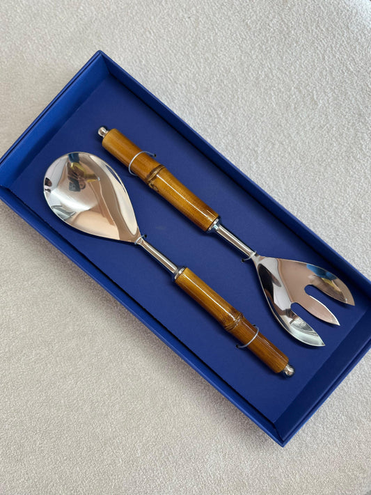 Conjunto 2 Peças para Salada de Aço Inox com Cabo de Bambu