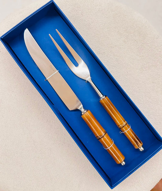 Conjunto 2 Peças Faca e Garfo para Assado de Aço Inox com Cabo de Bambu